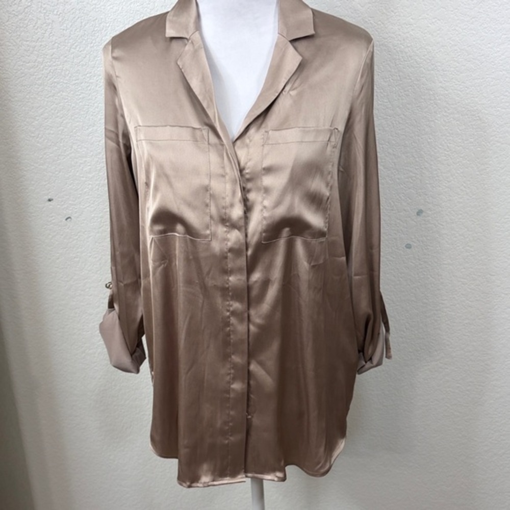 Joseph Ribkoff NWT Women's Taupe Career Satin Button Down Blouse MED